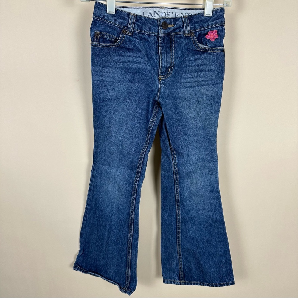 Lands’ End Flare Jeans with floral embroidery, girls size 8